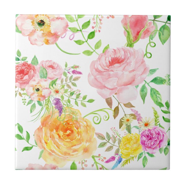 Carreau Motif de rose de rose et de pêche d'aquarelle (Devant)
