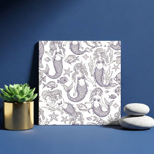 Carreau Motif de sirène bleue vintage et vie marine