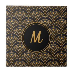 Carreau Motif de St Jacques en or noir Monogramme Art Déco