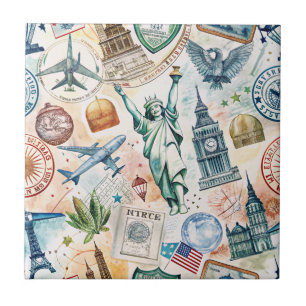 Carreau Motif de tampon de voyage du monde vintage (6)
