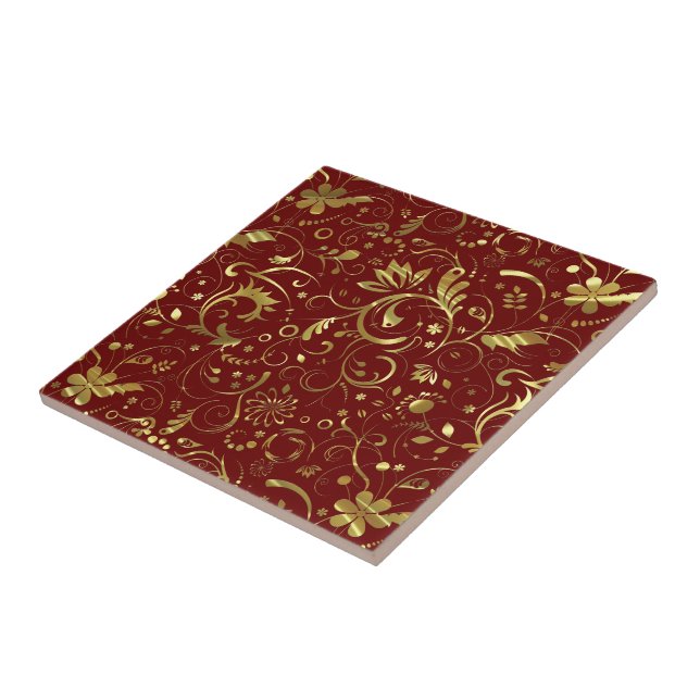 Carreau Motif De Tissu Floral Bourgogne Et Or (Côté)