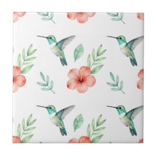 Carreau Motif d'Hibiscus à Colibri Turquoise