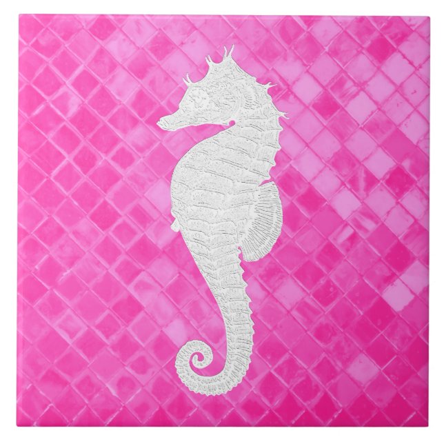 Carreau Motif en verre de mer rose pour hippocampe blanc (Devant)