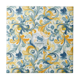 Carreau Motif feuille bleu et or Paisley