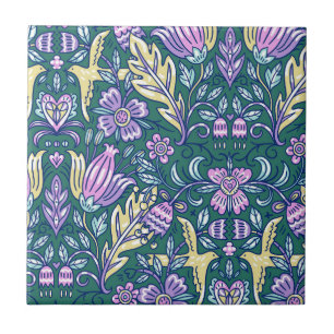 Carreau Motif Fleurs et Oiseaux de Style Antique