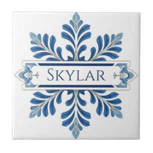 Carreau Motif flocon de neige bleu et blanc nom personnali