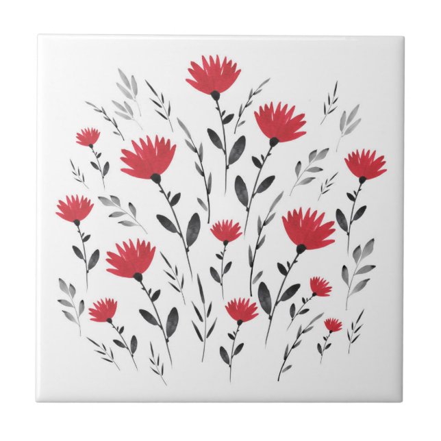 Carreau Motif Floral Aquarelle Rouge moderne (Devant)