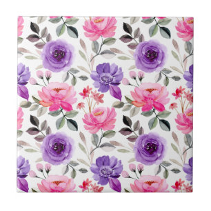 Carreau Motif floral aquarelle vibrant en rose et violet