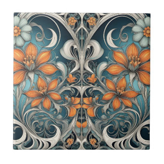 Carreau Motif floral Art Nouveau sarcelle orange