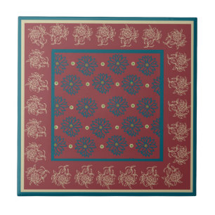 Carreau Motif floral bleu foncé et beige sur rouge profond