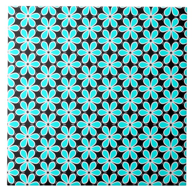 Carreau Motif floral bleu turquoise et noir (Devant)