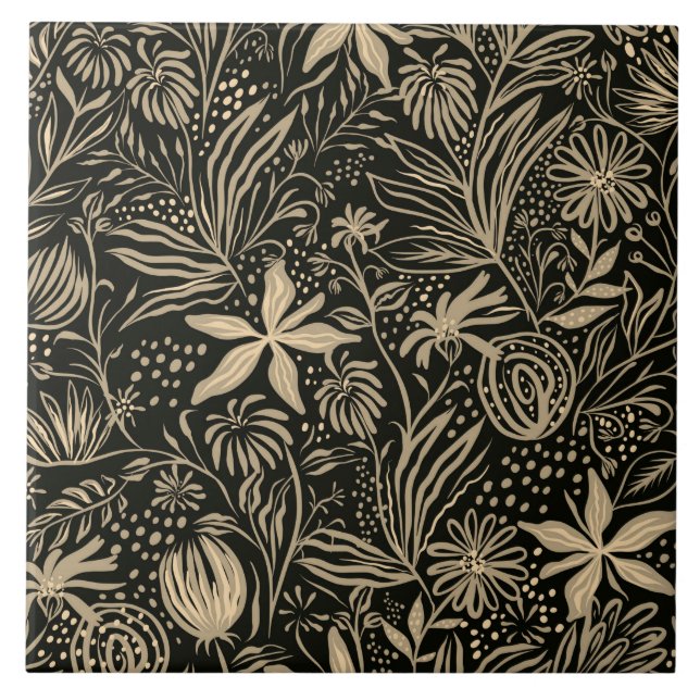 Carreau Motif floral brillant en or sur noir  (Devant)