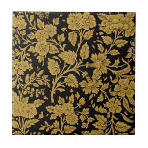 Carreau Motif floral en or antique et noir de lacque indie