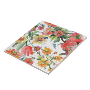 Carreau Motif floral fleurs sauvages jaune rose vert blanc