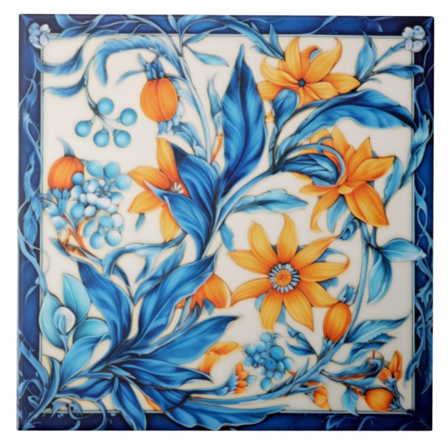 Carreau Motif floral - orange et bleu (Devant)