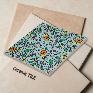 Carreau Motif floral orange Tourbillon Berry sur sarcelle