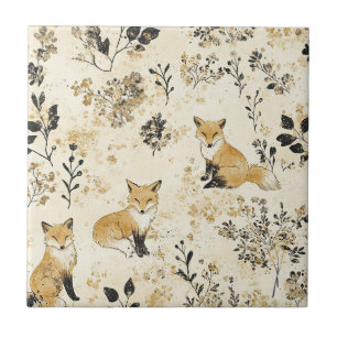 Carreau Motif floral renard bois or noir