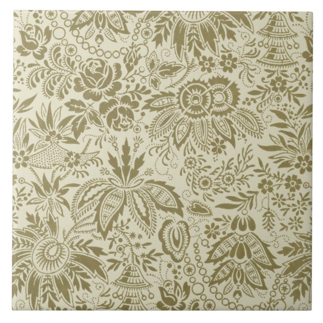 Carreau Motif Floral Vert Sage Antique Damas (Devant)