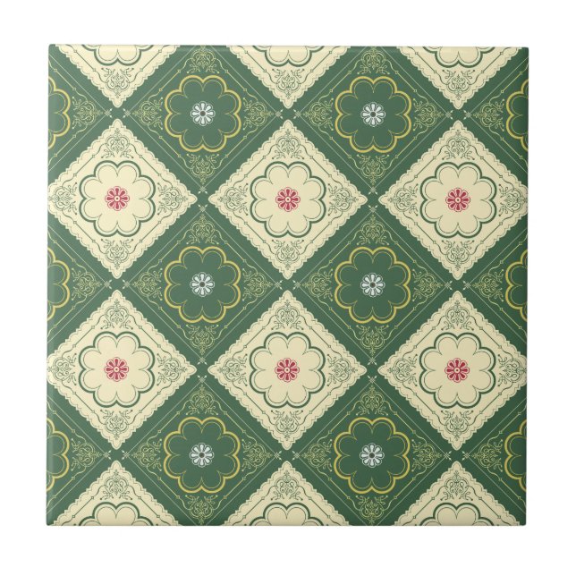 Carreau Motif floral victorien - ivoire et vert (Devant)