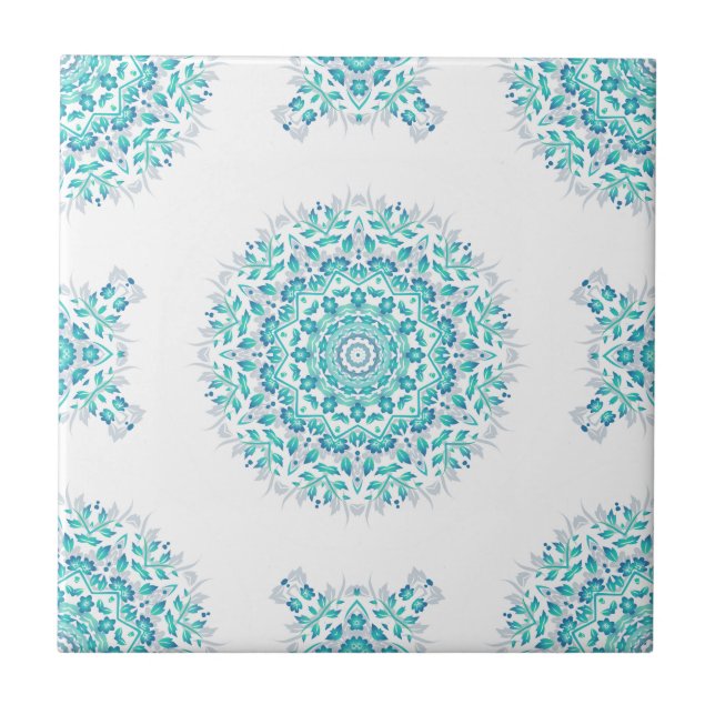 Carreau Motif géométrique Mandala blanc turquoise (Devant)