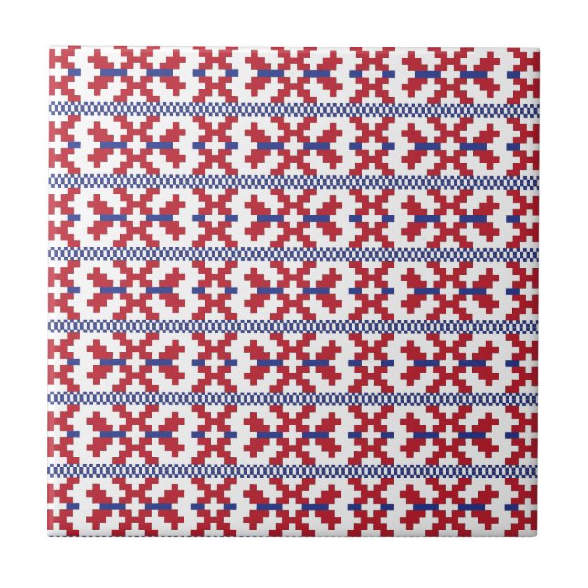 Carreau Motif géométrique tribal rouge, bleu et blanc (Devant)