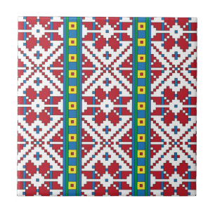 Carreau Motif géométrique tribal rouge, bleu et blanc étoi