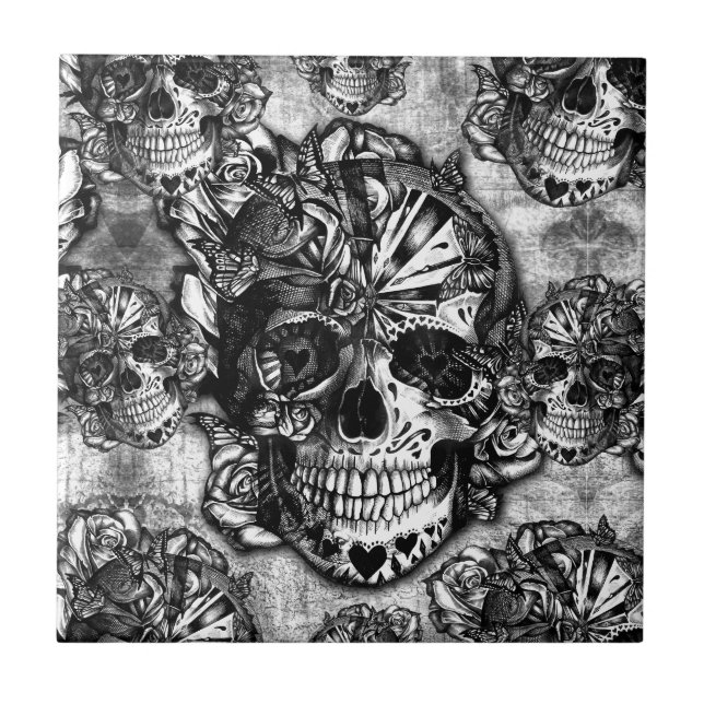 Carreau Motif grunge de crâne de sucre (Devant)