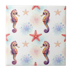 Carreau Motif Hippocampe Étoile de Mer Aquarelle