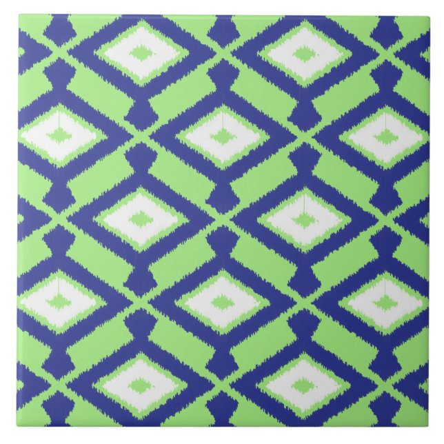 Carreau Motif Ikat - Vert, Indigo Bleu et Blanc (Devant)