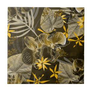 Carreau Motif jaune-brun fleuri à l'aquarelle.