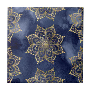 Carreau Motif Mandala Boho Or Doré Bleu Marine Texture Enc