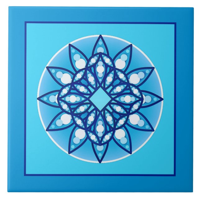 Carreau Motif Mandala bordée en bleu turquoise & bleu (Devant)