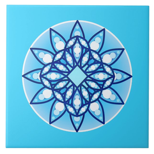 Carreau motif Mandala en bleu ciel, cobalt et blanc (Devant)