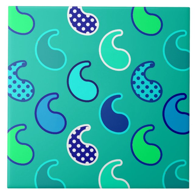 Carreau Motif moderne Paisley, Turquoise, Bleu et Aqua (Devant)