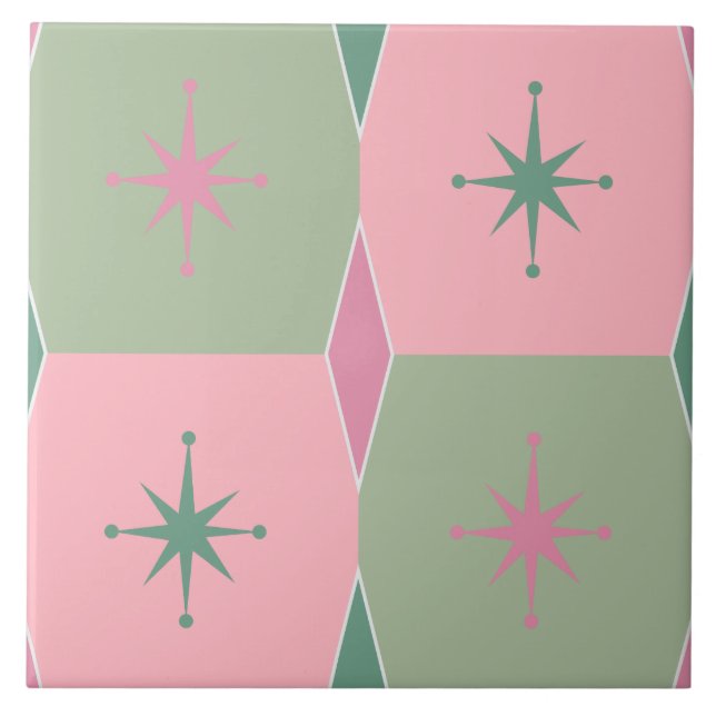 Carreau Motif moderne rose et vert du milieu du siècle (Devant)