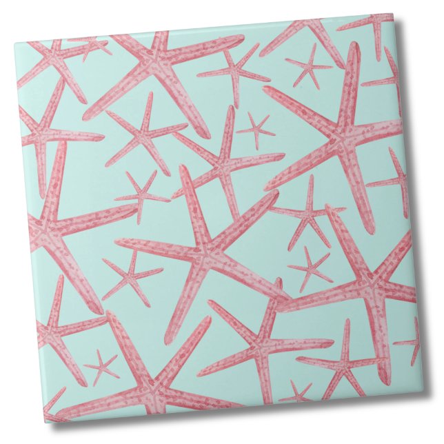 Carreau Motif nautique Starfish Beach House (Teal Pink Nautical Starfish Sea Beach Pattern Ceramic Tile)
