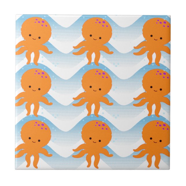 Carreau Motif Octopus Orange Et Vagues Bleues (Devant)
