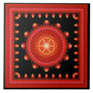 Carreau Motif oriental fractal rouge encadré