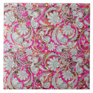 Carreau Motif paisley blanc rose
