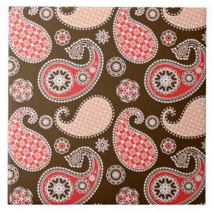 Carreau Motif Paisley, corail et chocolat
