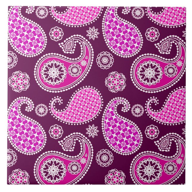 Carreau Motif Paisley, rose fuchsia, violet et blanc (Devant)