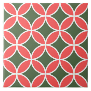 Carreau Motif rétro du milieu du siècle fleuri vert et ros