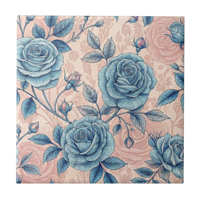 Carreau Motif Rose bleu rétro sur Arrière - plan rose doux (Devant)
