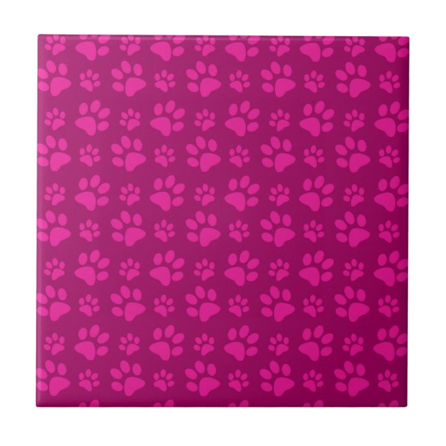 Carreau Motif rose magenta d'empreintes de pattes de chien (Devant)