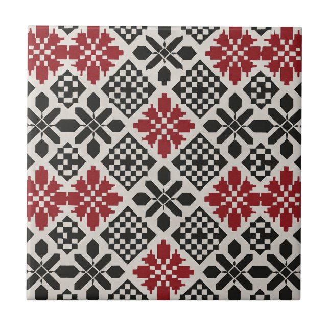 Carreau Motif rouge noir blanc géométrique folk (Devant)