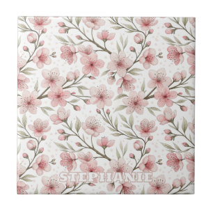 Carreau Motif Sakura en fleurs de cerises roses sur blanc 