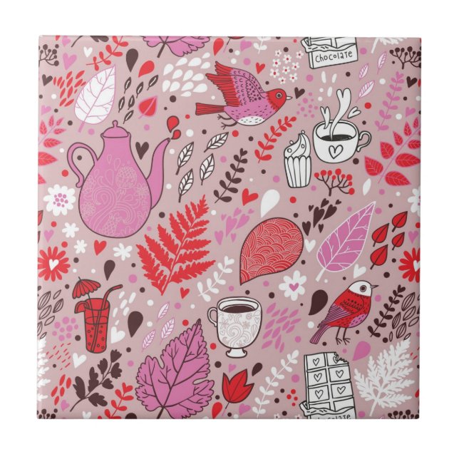 Carreau Motif savoureux avec des oiseaux et des fleurs (Devant)