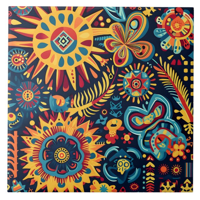 Carreau Motif tribal Abstrait et dynamique de Huichol (Devant)