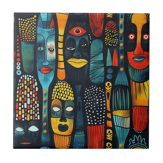 Carreau Motif tribal africain avec idoles. (Devant)