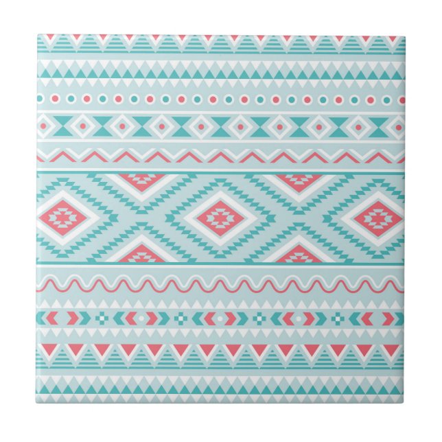Carreau Motif tribal aztèque turquoise et rose (Devant)
